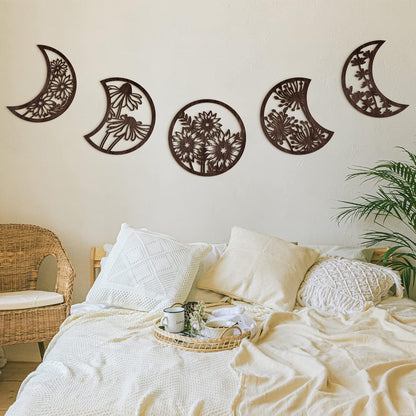 Jetec 5 Pcs Moon Phase Wall Art Decor Wall Pediments Hanging Wooden Phase Spiritual Bedroom Nordic Boho Lunar Aesthetic Art for Living Room Dorm Apartment Ornament(Brown,10.6 Inch,Botanical)