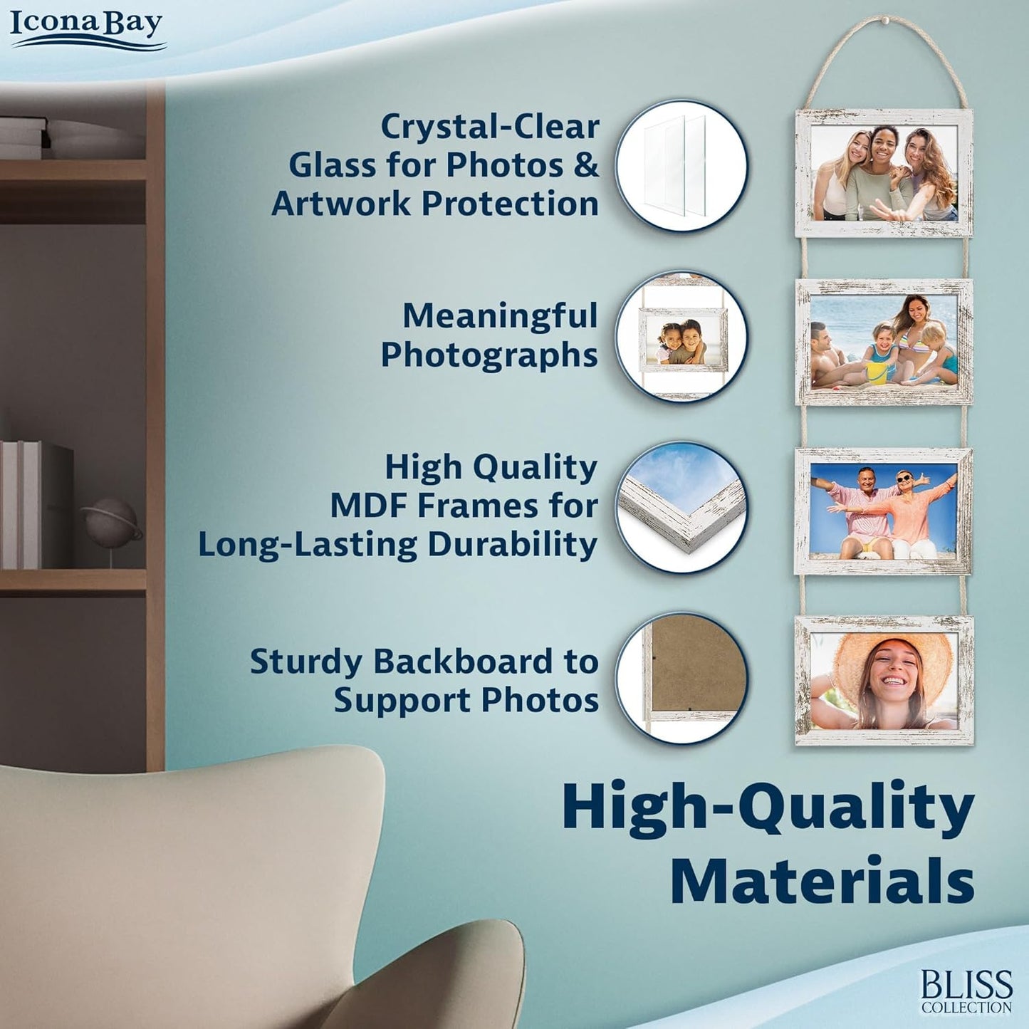 Icona Bay - 4x6 Wall Hanging Picture Frames Collage with 8 Openings - Distressed White, 2 Pack - Casual Style Engineered Wood Frames - Wall Mount Only - Bliss Collection