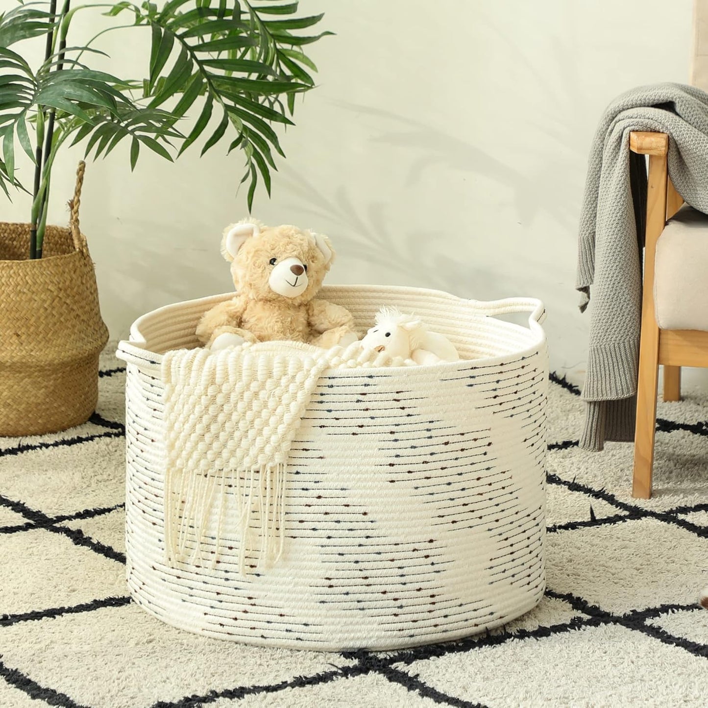 KAKAMAY Large Blanket Basket (20"x13"),Woven Baskets for storage Baby Laundry Hamper, Cotton Rope Blanket Basket for Living Room, Laundry, Nursery, Pillows, Baby Toy chest (White/Brown)