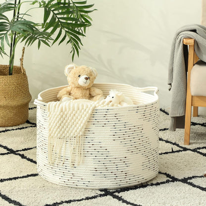 KAKAMAY Large Blanket Basket (20"x13"),Woven Baskets for storage Baby Laundry Hamper, Cotton Rope Blanket Basket for Living Room, Laundry, Nursery, Pillows, Baby Toy chest (White/Brown)