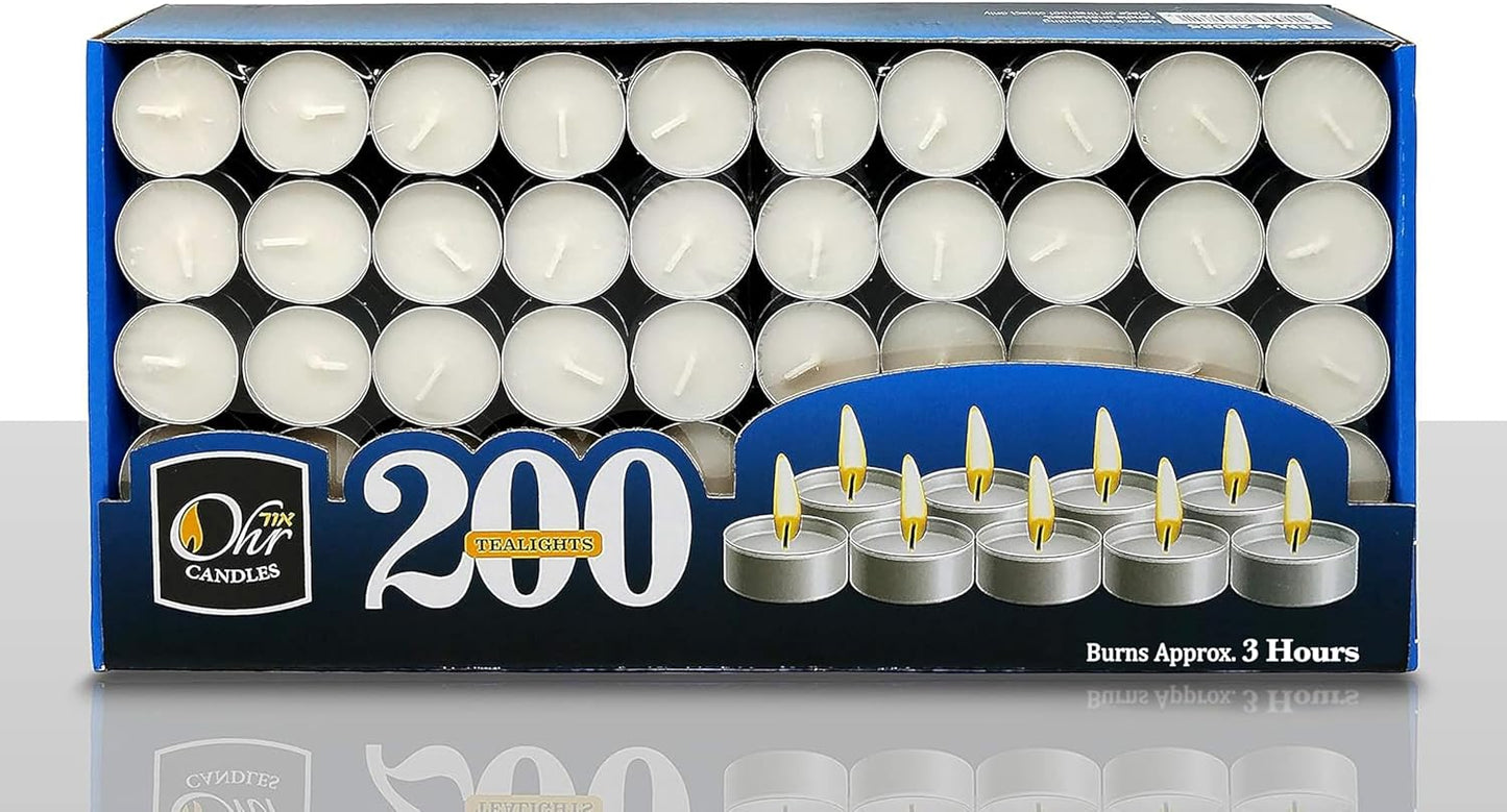 Ohr Tea Light Candles - 200 Bulk Pack - White Unscented Travel, Centerpiece, Decorative Candle - 3 Hour Burn Time