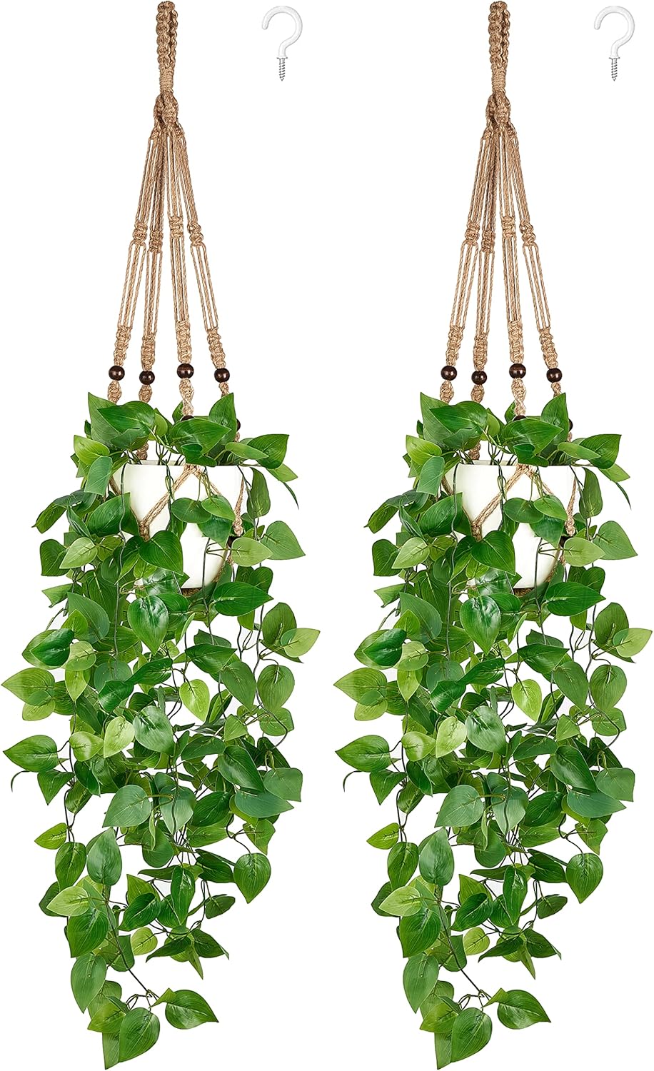 Mkono Fake Hanging Plant with Pot, Artificial Plants for Home Decor Indoor Macrame Plant Hanger with Fake Vines Greenery for Bedroom Bathroom Kitchen Office Decor, Ivory (Pothos)
