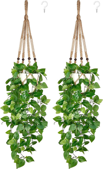 Mkono Fake Hanging Plant with Pot, Artificial Plants for Home Decor Indoor Macrame Plant Hanger with Fake Vines Greenery for Bedroom Bathroom Kitchen Office Decor, Ivory (Pothos)