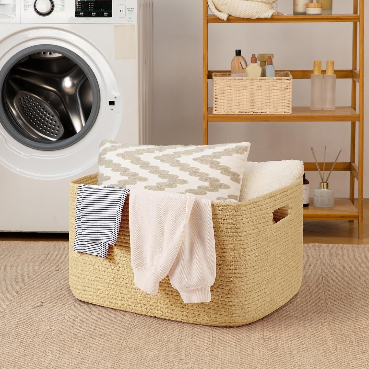OIAHOMY 75L Large Woven Cotton Rope Storage Basket with Handle for Organizing Blanket and Toys for Living Room, Nursery, Brown Variegated 22”x17”x12”