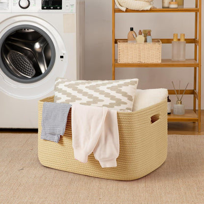 OIAHOMY 75L Large Woven Cotton Rope Storage Basket with Handle for Organizing Blanket and Toys for Living Room, Nursery, Brown Variegated 22”x17”x12”