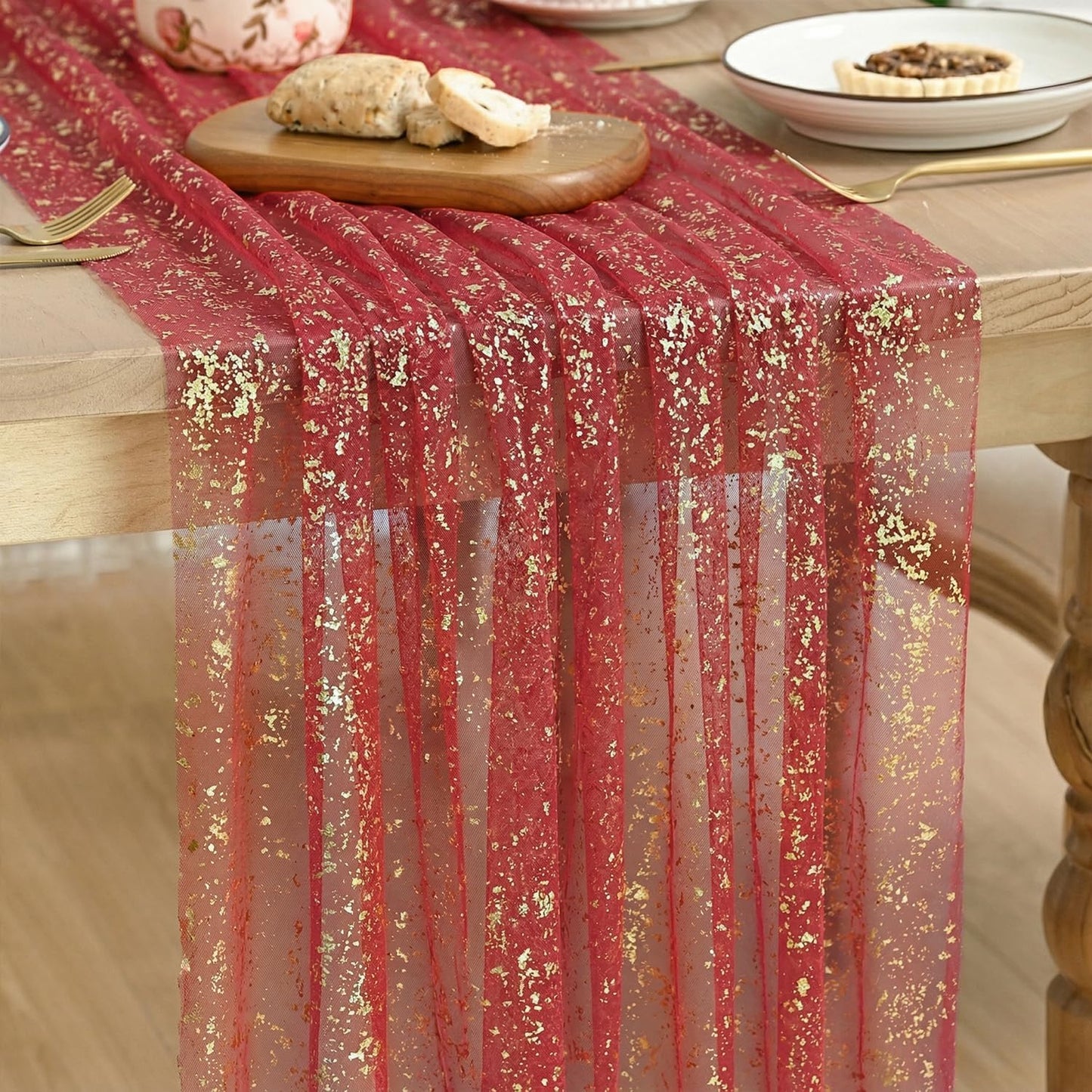 Artoid Mode Beige Gold Gauze Table Runner 120 Inch 10FT, Glitter Metallic Foil Sheer Dining Wedding Anniversary Holiday Birthday Table Decor for Home Party