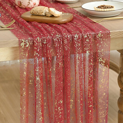 Artoid Mode Beige Gold Gauze Table Runner 120 Inch 10FT, Glitter Metallic Foil Sheer Dining Wedding Anniversary Holiday Birthday Table Decor for Home Party