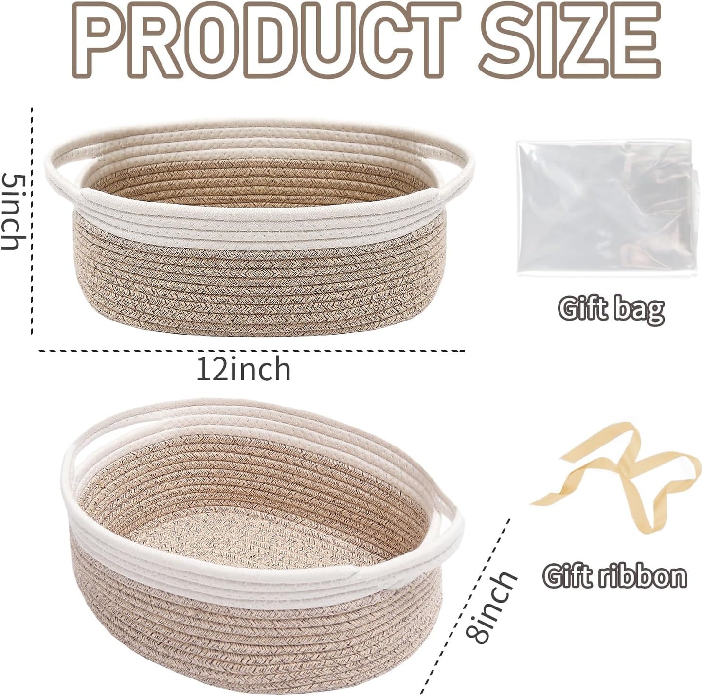 JMvicyroam Woven Basket,Small Rope Storage Bin with Handles & Ribbon Bag, Organizer for Shelves Closets,Gift Basket Empty for Birthday,Books,Dog Toys,White