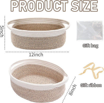JMvicyroam Woven Basket,Small Rope Storage Bin with Handles & Ribbon Bag, Organizer for Shelves Closets,Gift Basket Empty for Birthday,Books,Dog Toys,White