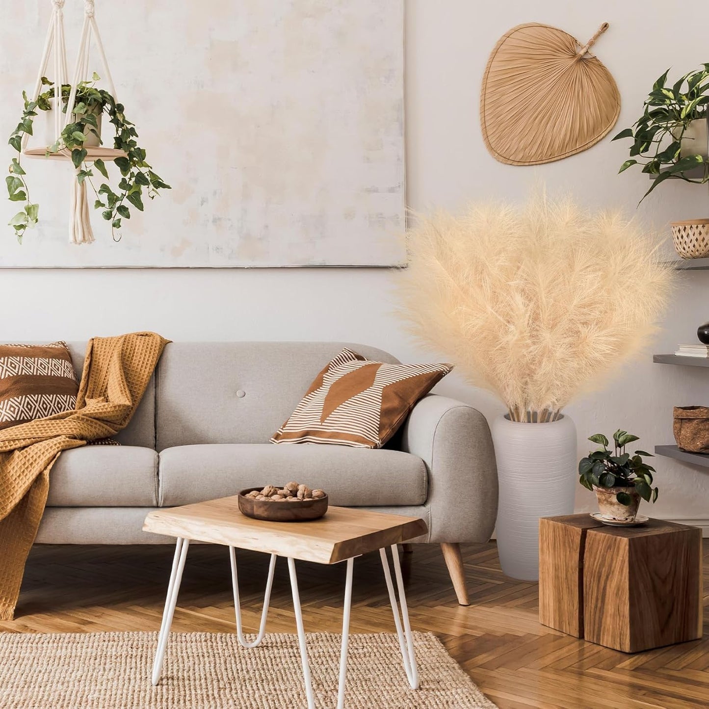 Ouddy Decor 8 Pcs Faux Pampas Grass Decor 38''/97cm Tall Artificial Large Pompous Pompas Floral Fluffy Fake Plants Floor Vase Filler for Wedding Kitchen Home Boho Decorations, Mixed Beige
