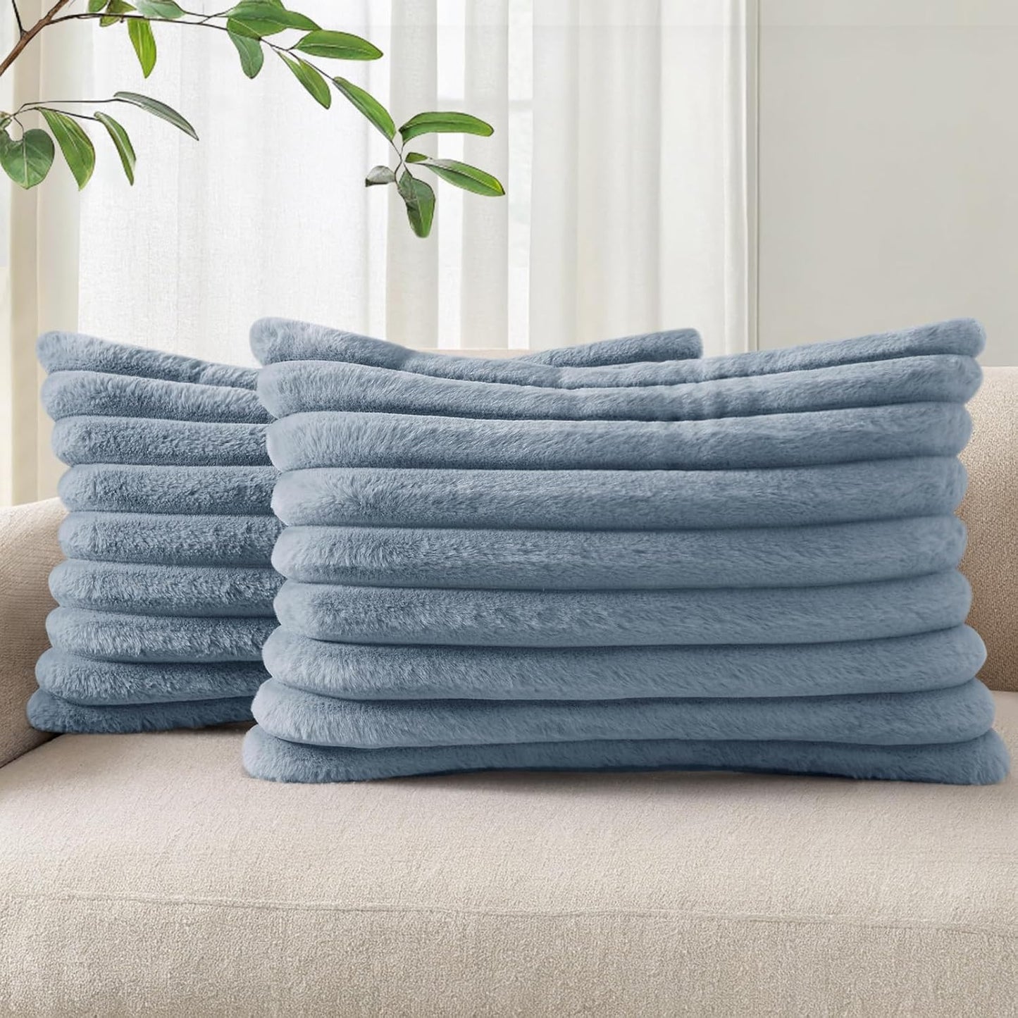 Pallene Faux Fur Plush Throw Pillow Covers 18x18 Set of 2, Luxury Soft Fluffy Striped Decorative Pillow Covers for Sofa, Couch, Living Room, Cream White