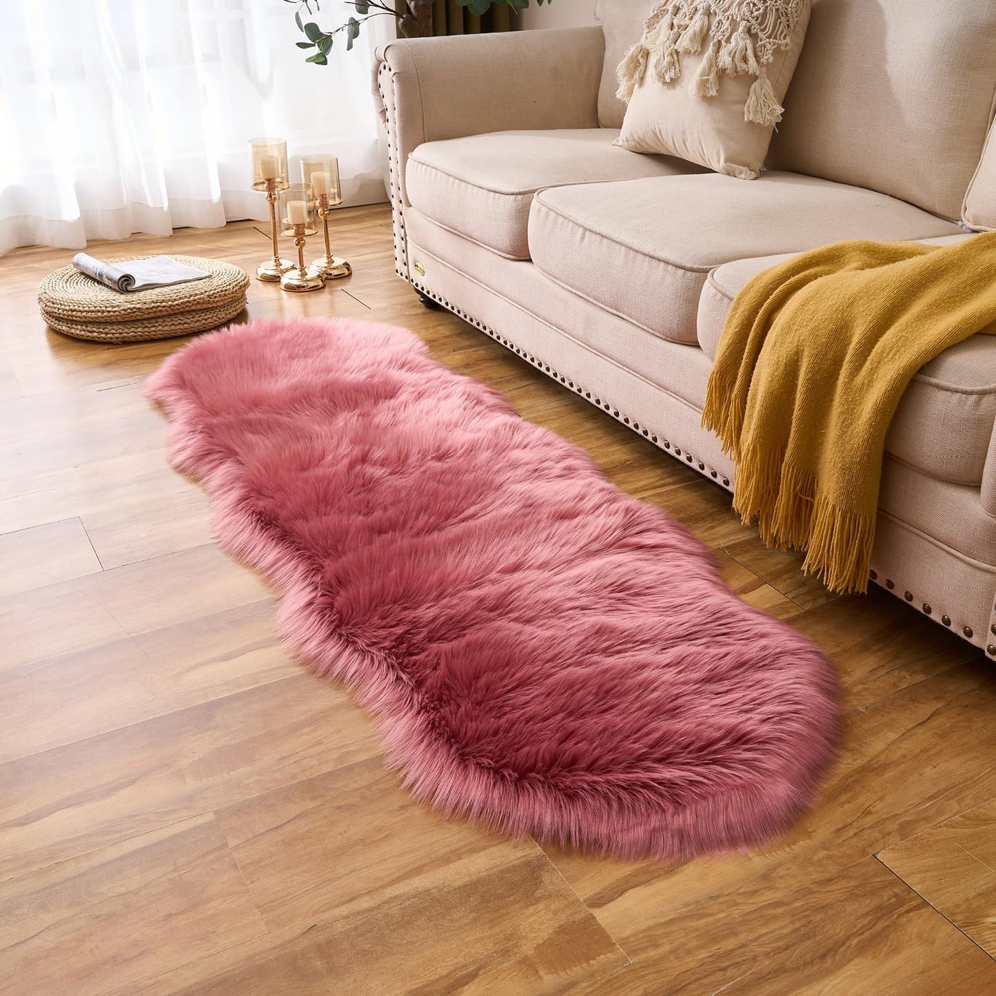 EasyJoy Ultra Soft Fluffy/Fuzzy Shaggy Area Rug Faux Fur Chair Cover Seat Pad for Bedroom Floor Sofa Living Room (2 x 6 ft Sheepskin, Beige)