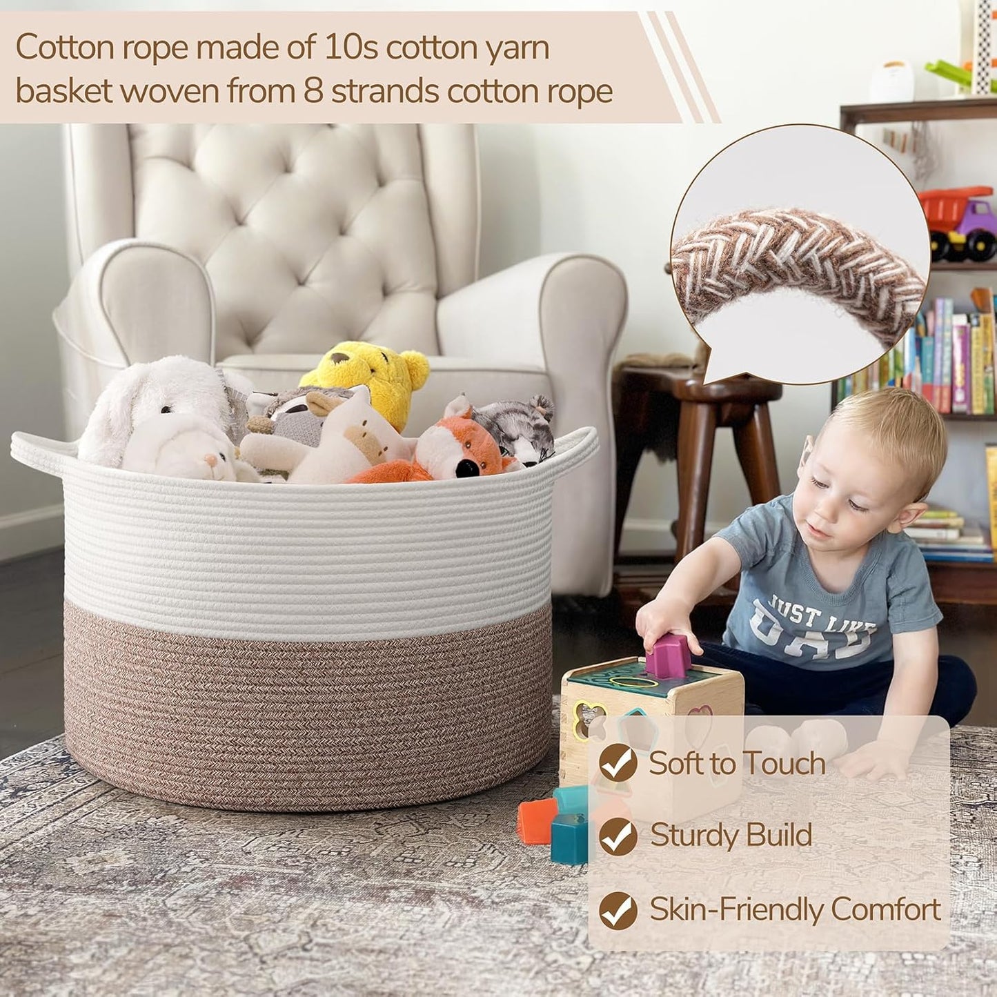 INDRESSME XXXLarge Blanket Basket for Living Room 21.7" x 21.7" x 13.8"-Storage Basket with Handle for Organizing Toy Pillows Woven Cotton Rope Laundry Basket Stuffed Animal Toy Storage for Play Room