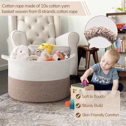 INDRESSME XXXLarge Blanket Basket for Living Room 21.7" x 21.7" x 13.8"-Storage Basket with Handle for Organizing Toy Pillows Woven Cotton Rope Laundry Basket Stuffed Animal Toy Storage for Play Room