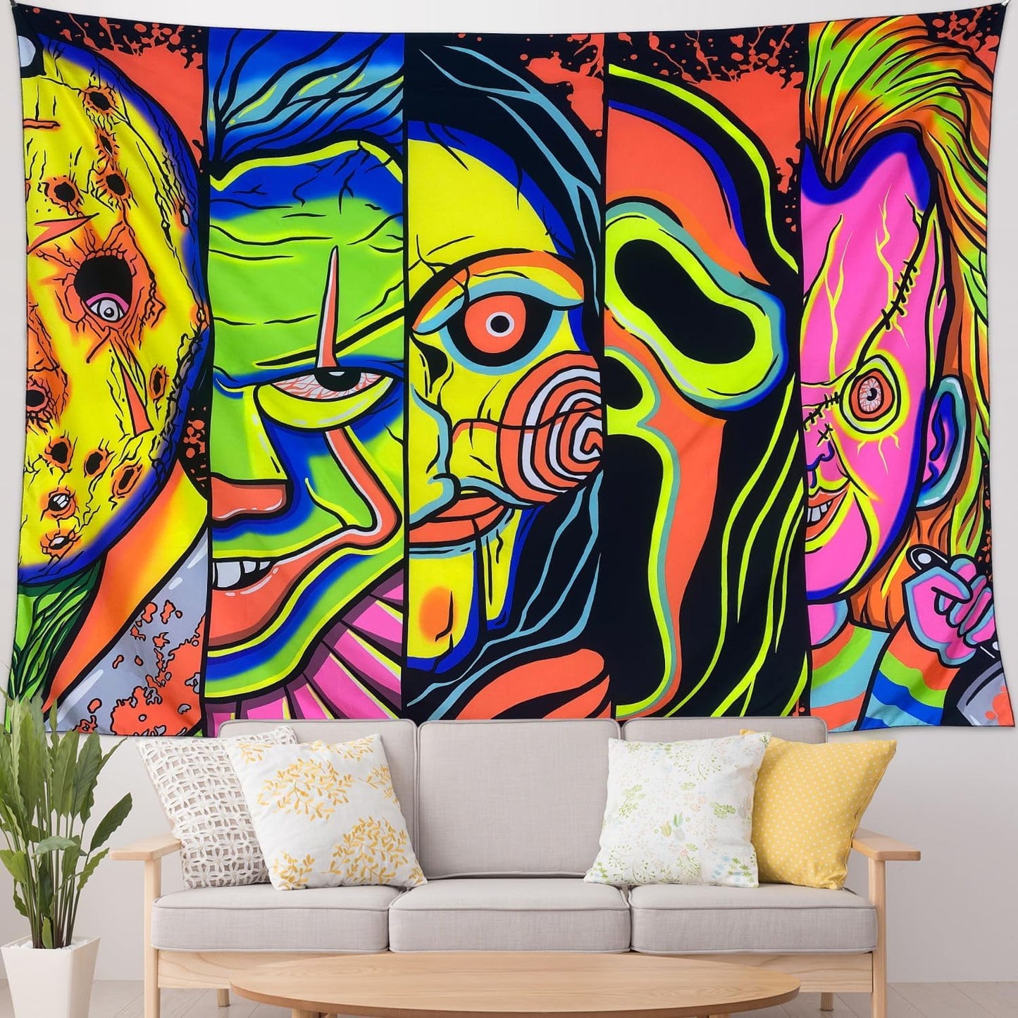 ARTCREATOR Black Light Art Halloween Wall Decor Trippy Blacklight Horror Face Tapestry, UV Reactive Tapestries Glow in The Dark Party Tapestry for Bedroom, Living Room (29" x 37")