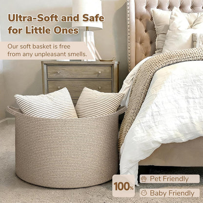 INDRESSME XXXLarge Blanket Basket for Living Room 21.7" x 21.7" x 13.8"-Storage Basket with Handle for Organizing Toy Pillows Woven Cotton Rope Laundry Basket Stuffed Animal Toy Storage for Play Room