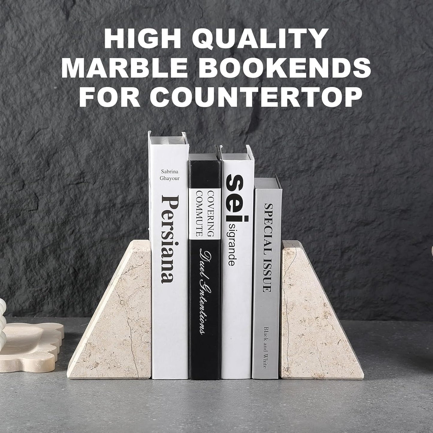 Karibiber Travertine Bookends for Heavy Books, Marble Decorative Bookends for Shelves, Heavy-Duty Stone Book Ends for Hardback Book & Cookbooks, Unique Book Stopper & Holder, Travertino Italy