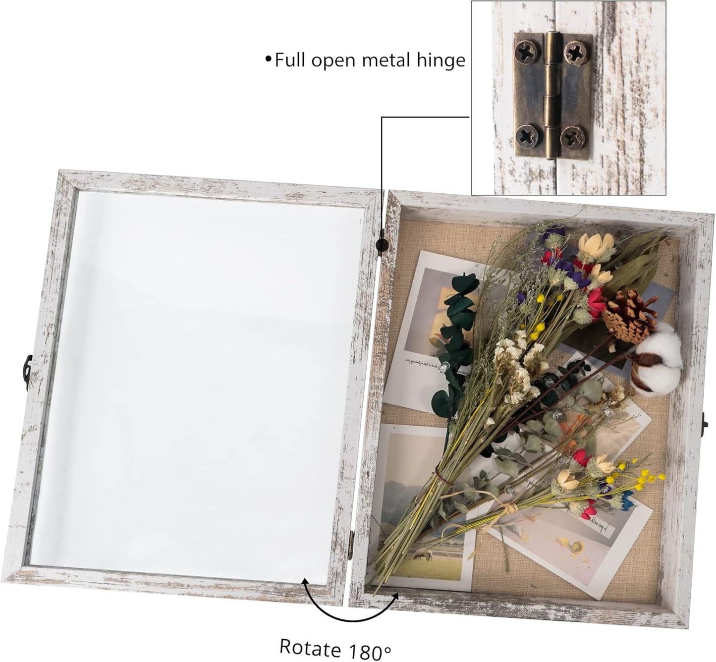 GraduationMall 13x16 Wood Shadow Box Frame Glass Door Display Case with Linen Back and 6 Stick Pins,1.5 inches Interior Depth,Ideal for Memorabilia Pictures Flowers Medals Tickets Rustic White