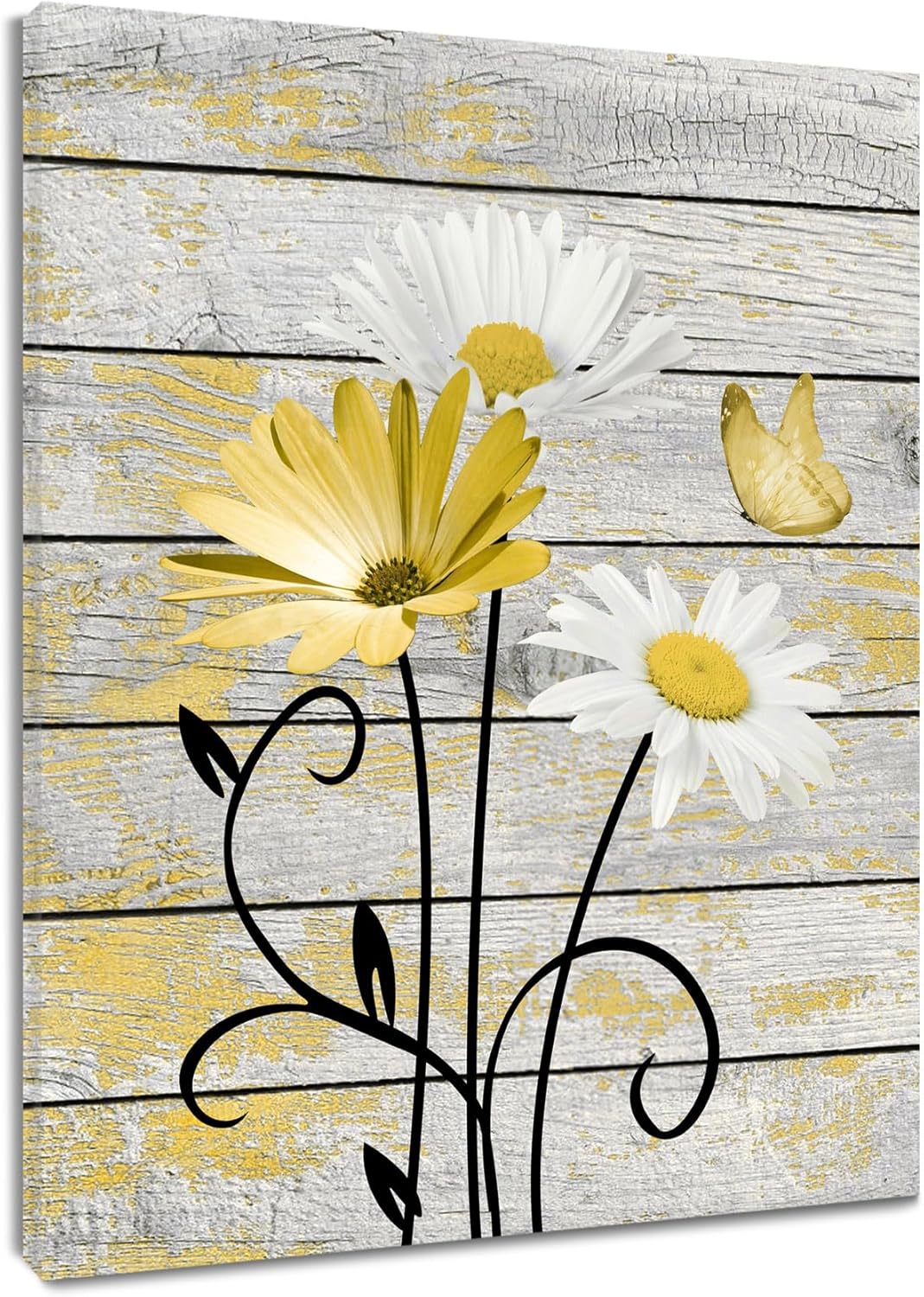HVEST Farmhouse Floral Wall Art for Living Room, Blue and White Daisy Flower and Butterfly on Rustic Wood Board Canvas Wall Art Framed Artwork Ready to Hang for Bathroom Bedroom Decor, 16L X 12W