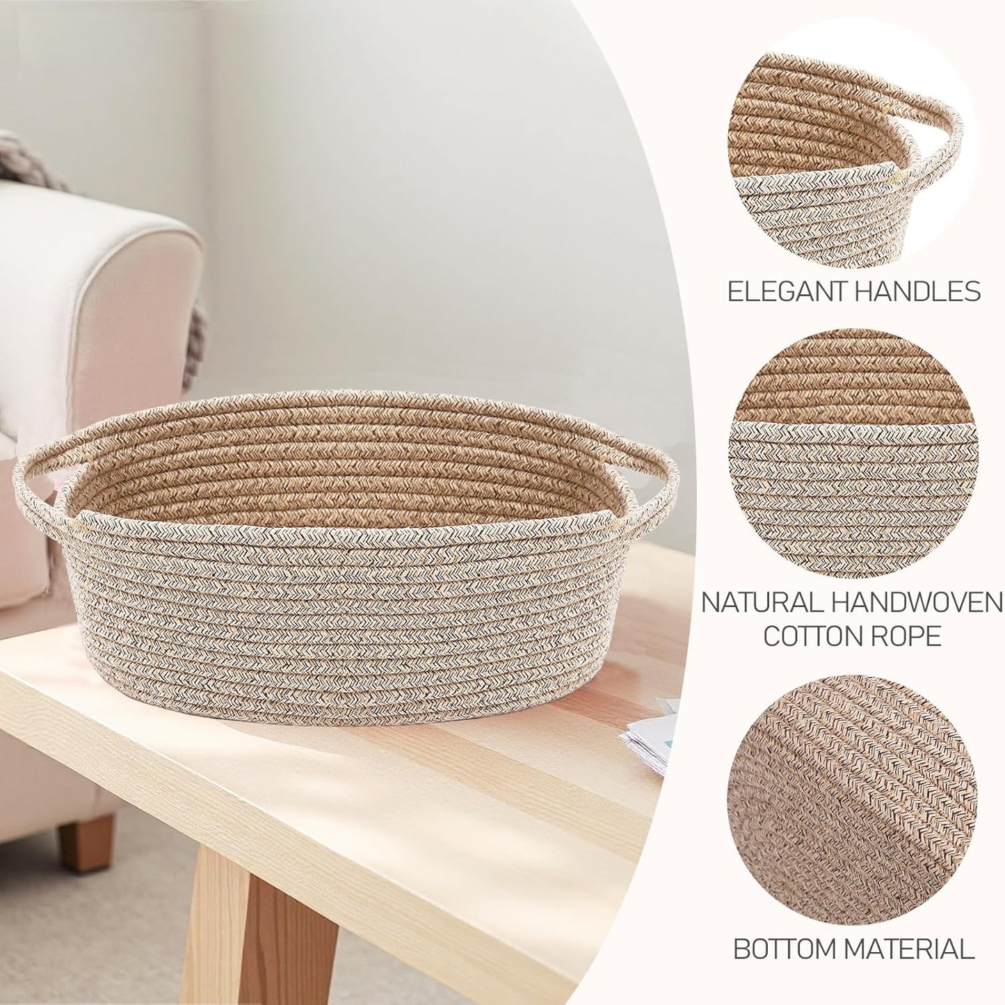 JMvicyroam Woven Basket,Small Rope Storage Bin with Handles & Ribbon Bag, Organizer for Shelves Closets,Gift Basket Empty for Birthday,Books,Dog Toys,White