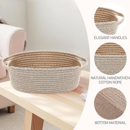 JMvicyroam Woven Basket,Small Rope Storage Bin with Handles & Ribbon Bag, Organizer for Shelves Closets,Gift Basket Empty for Birthday,Books,Dog Toys,White