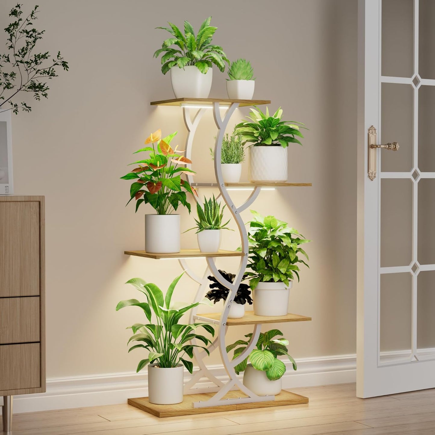 Plant Stand Indoor with Grow Lights - 44" Tall Corner Plant Stands for Indoor Plants, 5 Tiered Metal Plant Shelf, Curved Plant Flower Holder Dispaly Rack for Living Room, Home Patio Balcony (Black)