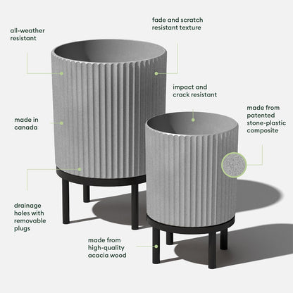 Veradek Demi Series Round Planter w/ Stand for Porch/Patio | Durable Plastic-Concrete & Wooden Stand | Modern Décor for Tall Plants, Flowers