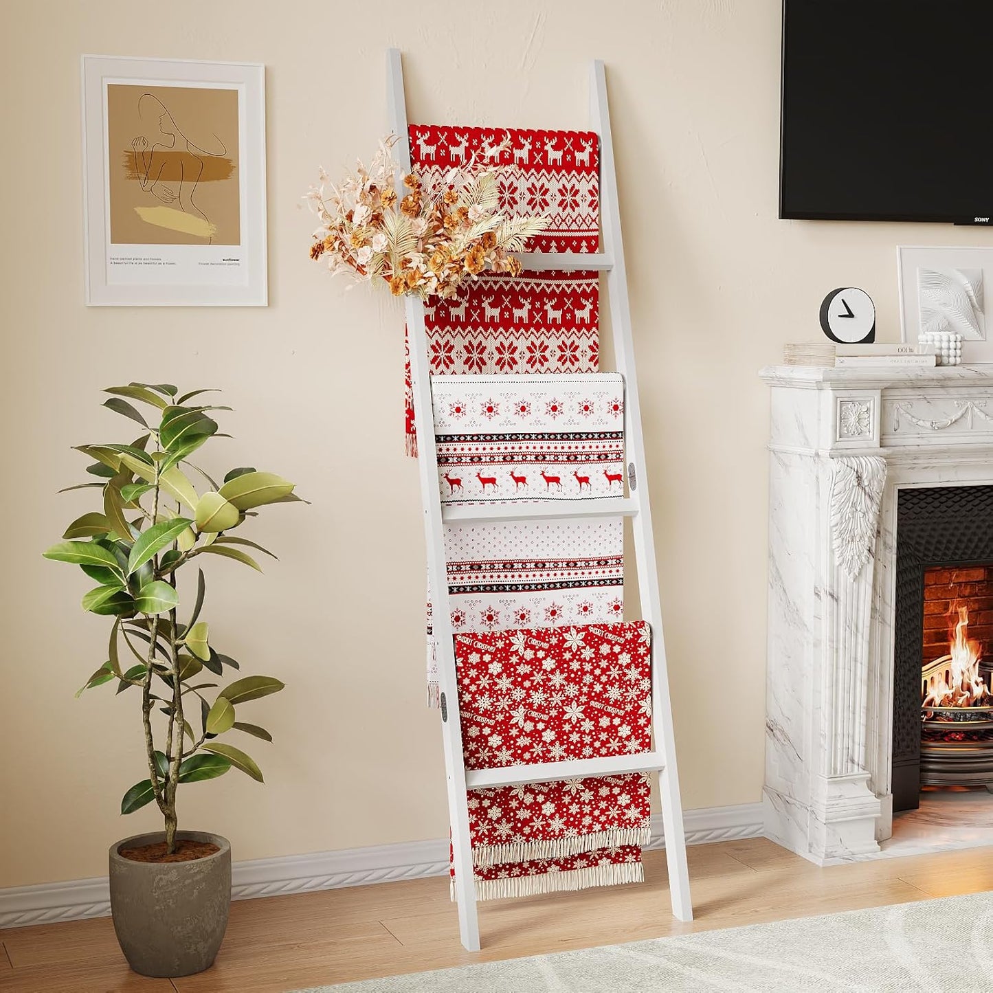 Blanket Ladder Towel Racks For Bathroom 5 Layers Towel Holder 100% Bamboo Wood Sturdy Construction No Need Wall Drilling Quilt Scarf Storage Solution Decorative Leaning Shelf for Living Room (White)
