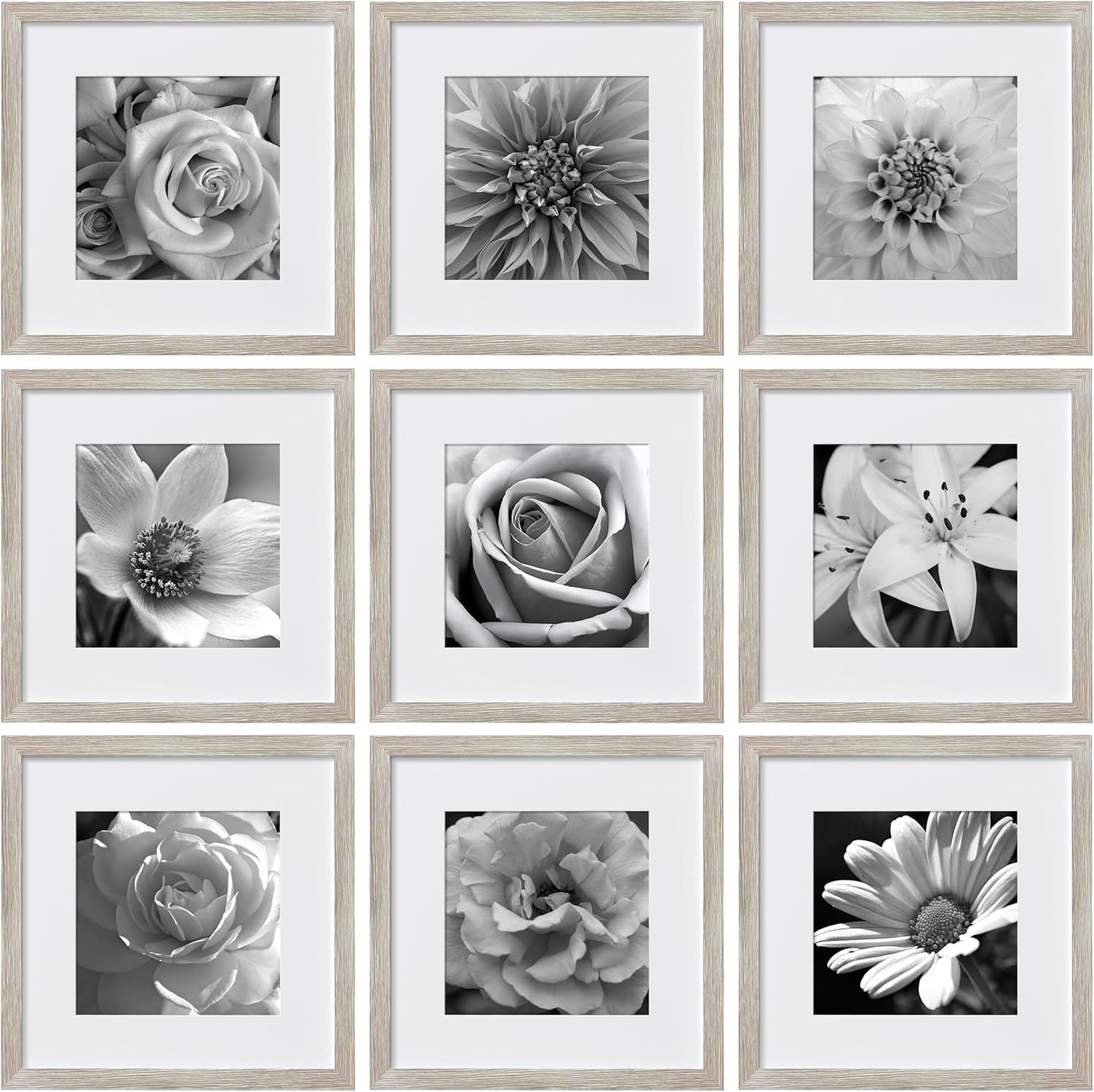 eletecpro 12x12 Picture Frames Set of 9 with Clear Acrylic Cover, Display 8x8 Photos with Mat or 12x12 Without, Classic and Sturdy Square Collage Gallery Wall Decor, Easy Wall Mount, Black