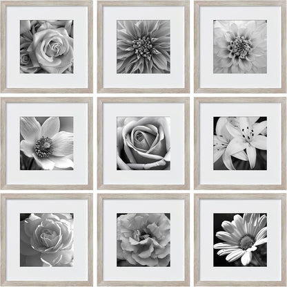 eletecpro 12x12 Picture Frames Set of 9 with Clear Acrylic Cover, Display 8x8 Photos with Mat or 12x12 Without, Classic and Sturdy Square Collage Gallery Wall Decor, Easy Wall Mount, Black