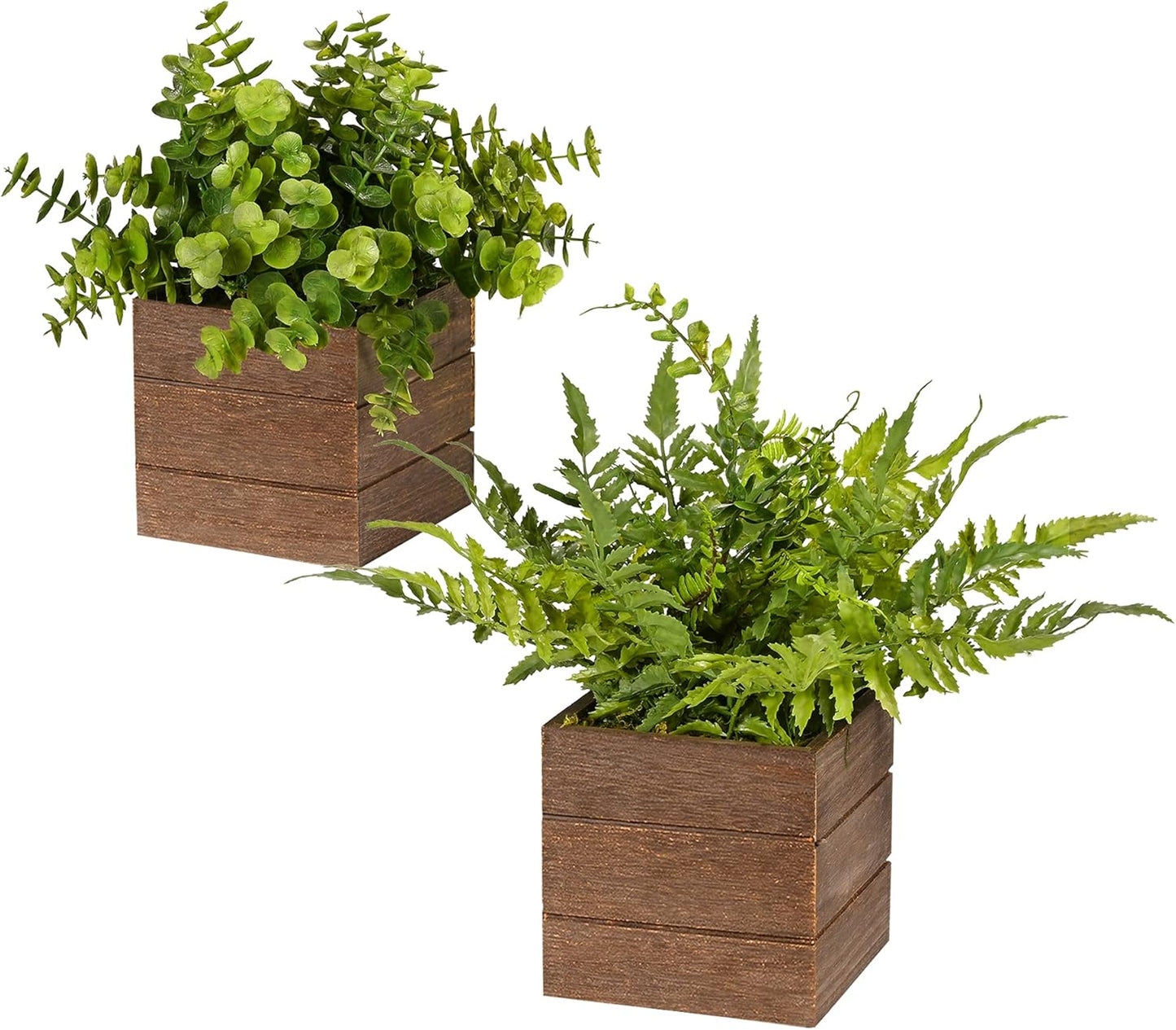 Vlorart Small Fake Plants, 2Pack Mini Potted Artificial Plastic Boxwood Fern Green Decorative Plant in Wooden Potted, Fake Desk Plant for Farmhouse Home Decor Office Bathroom Desk Room Indoor Outdoor