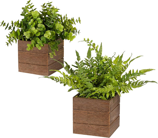 Vlorart Small Fake Plants, 2Pack Mini Potted Artificial Plastic Boxwood Fern Green Decorative Plant in Wooden Potted, Fake Desk Plant for Farmhouse Home Decor Office Bathroom Desk Room Indoor Outdoor