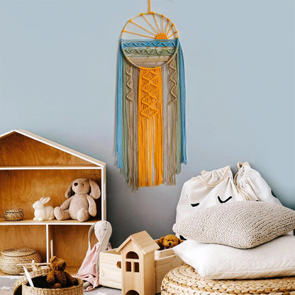 LB Boho Macrame Wall Hanging - Green and Beige Handmade Cotton Woven Decor, Modern Geometric Bohemian Tapestry Wall Decor for Bedroom Living Room Home (31.5"x9.84") Nature-Inspired Room Decor