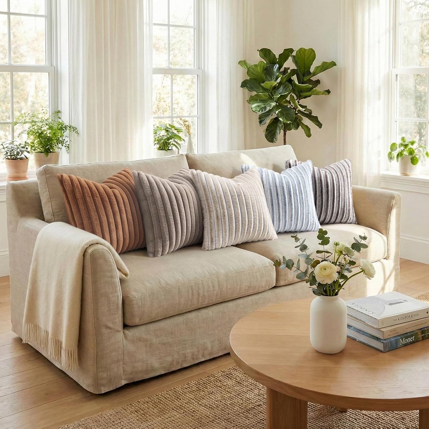 Pallene Faux Fur Plush Throw Pillow Covers 18x18 Set of 2, Luxury Soft Fluffy Striped Decorative Pillow Covers for Sofa, Couch, Living Room, Cream White