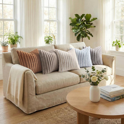 Pallene Faux Fur Plush Throw Pillow Covers 18x18 Set of 2, Luxury Soft Fluffy Striped Decorative Pillow Covers for Sofa, Couch, Living Room, Cream White