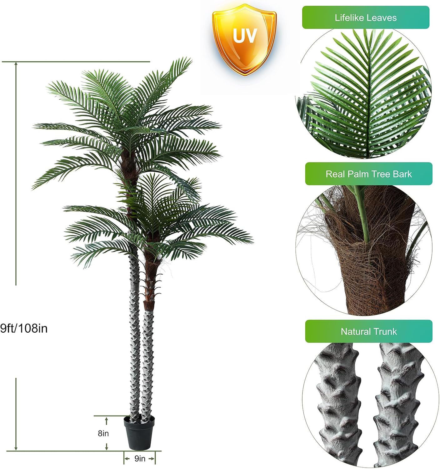 Nafresh 8ft Tall UV Resistant Faux Palm Tree, 96in Artificial Palm Tree Indoor Outdoor, Fake Tree with Real Bark and Realistic Leaves and for Home House Office Living Room Yard Patio.