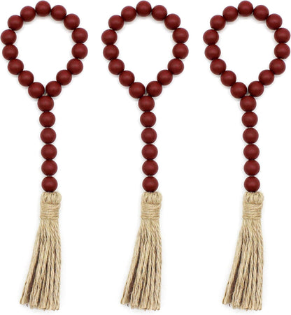 CVHOMEDECO. Wood Beads Garland with Tassels 3 PCS Farmhouse Rustic Wooden Prayer Bead String Wall Hanging Accent for Home Festival Decor. Natural