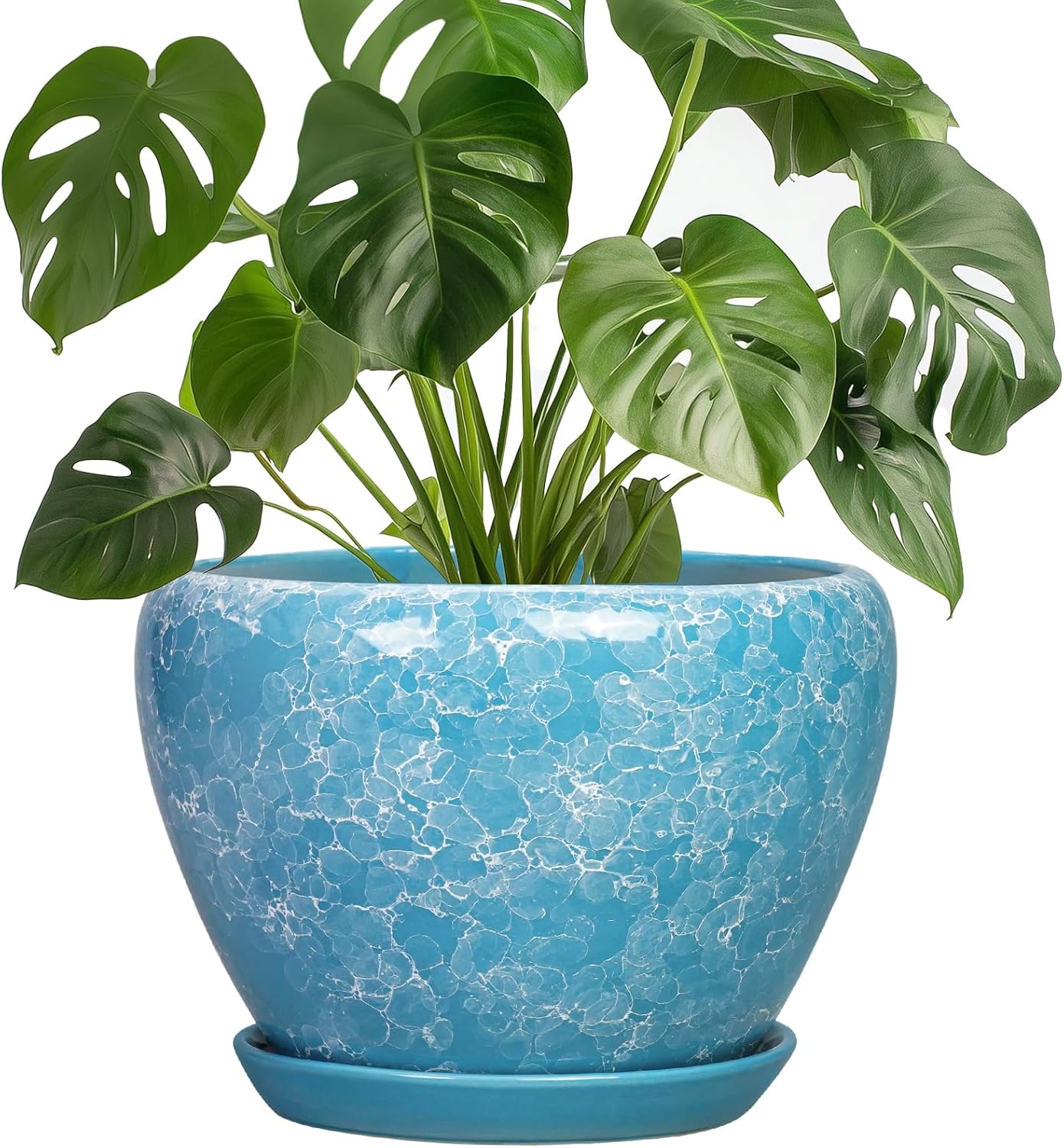 6 Inch Plant Pot - Ceramic Pots for Plants with Drainage Hole and Saucer, Round Succulent Planter Indoor Outdoor, Modern Flower Pot for Snake Plants, Home Decor, Gifts for Plant Lover, Blue