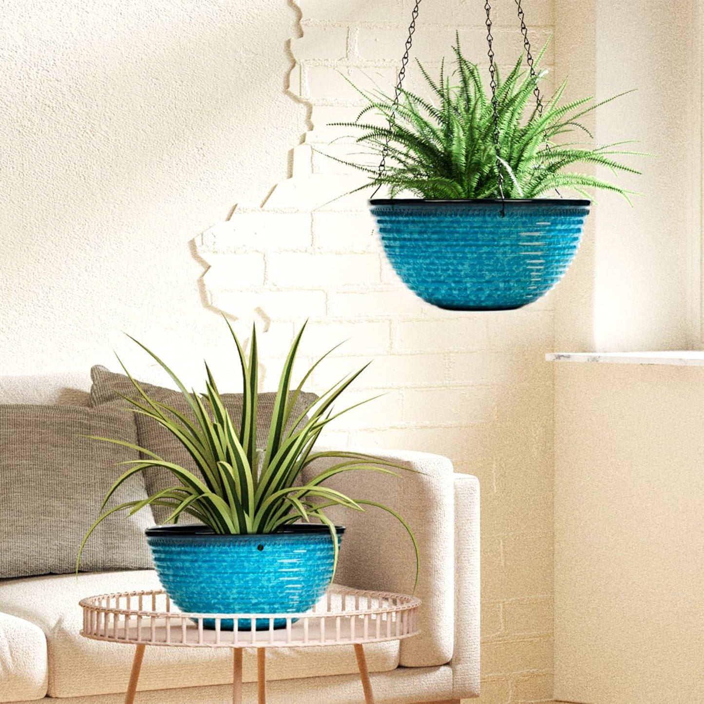 Vanslogreen 2 Pack Hanging Planters for Indoor Outdoor Plants, 10 Inch Hanging Planter with Drainage Hole & Plug Glazed Hanging Baskets Flower Pots for Garden Home (Blue)