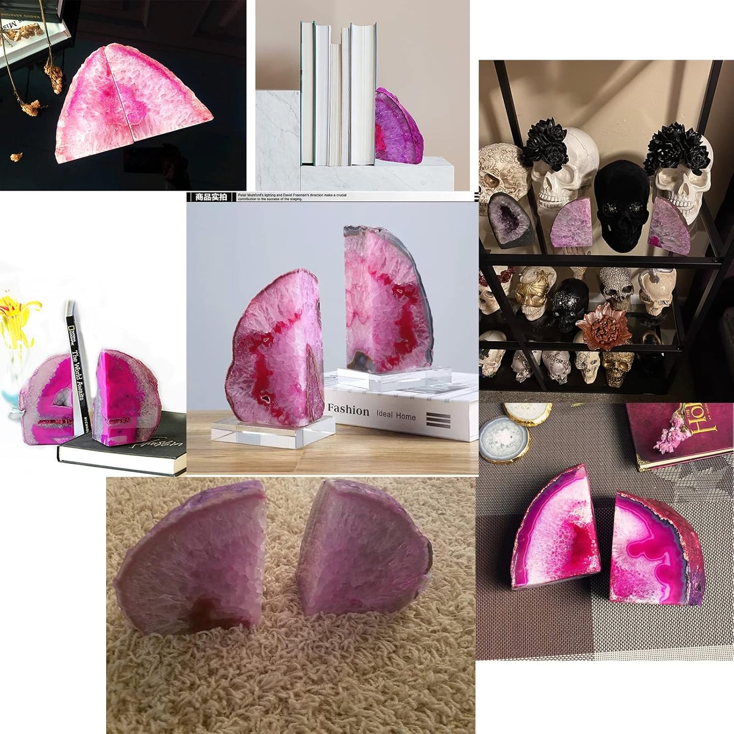 JIC Gem Dyed Blue Agate Bookends Geode Decorative Book Ends for Heavy Books with Rubber Bumpers for Office and Home Decoration Polished Small Size 2 to 3 Lbs