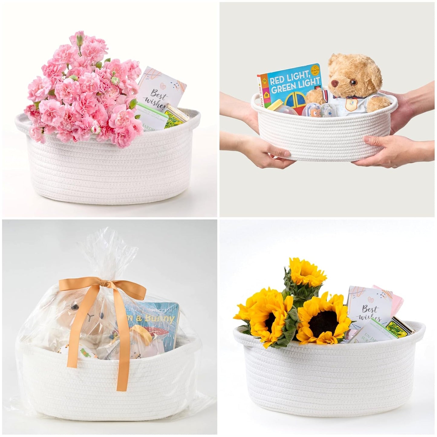 Small Woven Gift Basket Empty with Bag & Ribbon - Gifts for Mom, Baby Shower, Birthdays & Raffle - Cotton Rope Storage Basket for Dog Toys or Shelf - 12"x8"x5", White