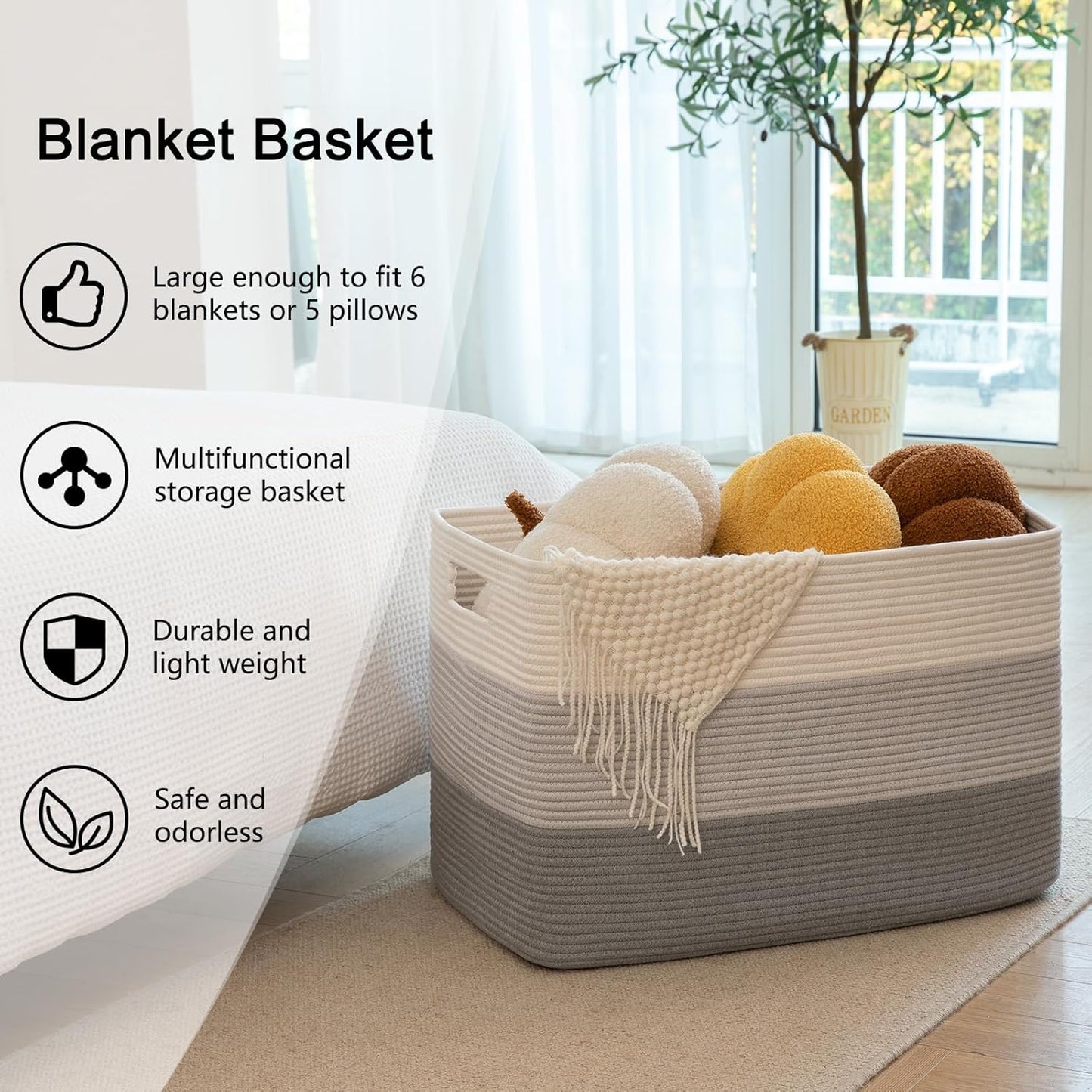 OIAHOMY Large Blanket Basket, 22”x17”x12” Rectangle Woven Baskets, Nursery Blanket Storage Living Room, Toy Storage With Handle, Large Baskets for Organizing-Gradient Yellow