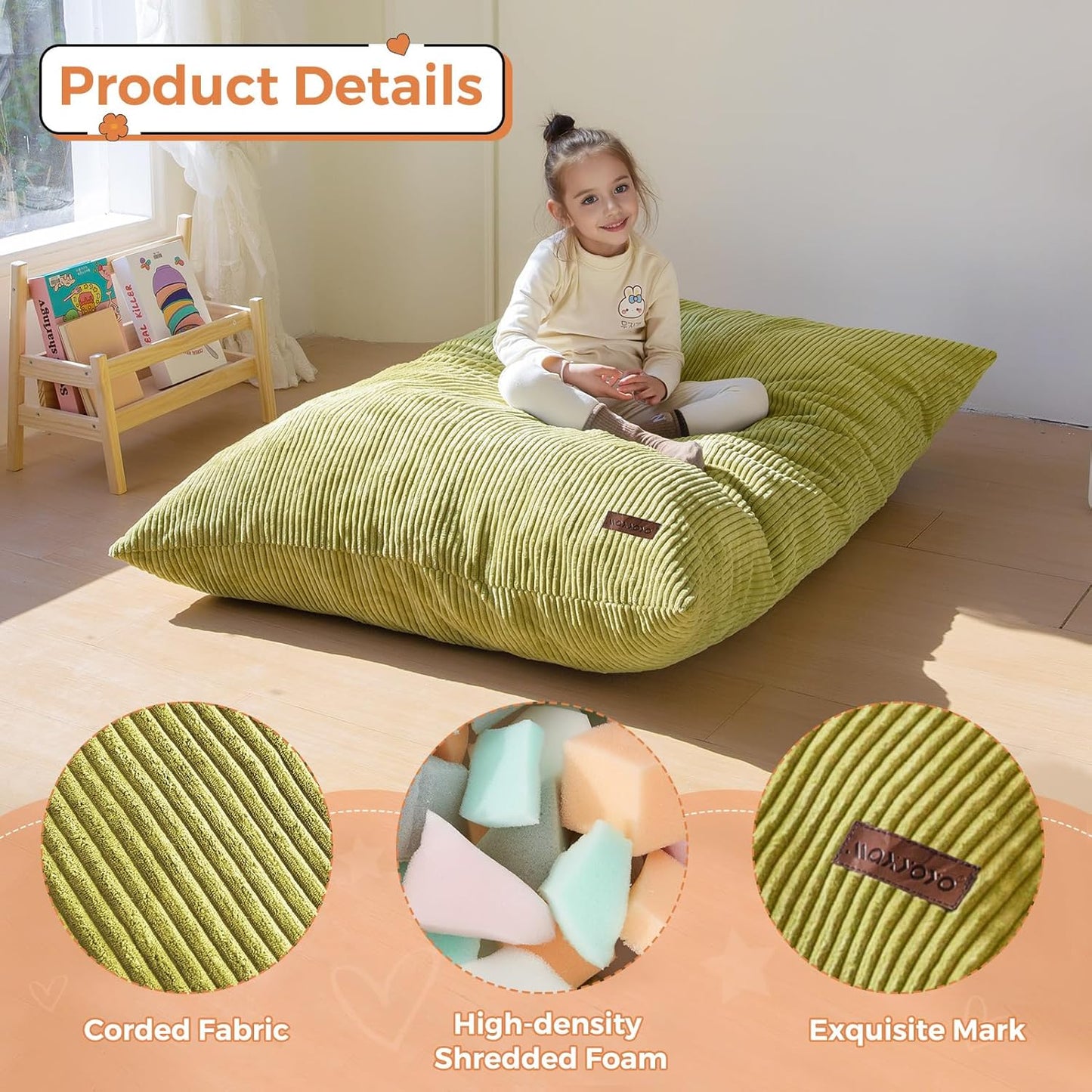 MAXYOYO 3 in 1 Kids Bean Bag Chair Couch, Convertible Chair Folds from Bean Bag to Lounger, Child Floor Sofa for Gaming, Reading, Floor Mattress with High-Density Foam Filling
