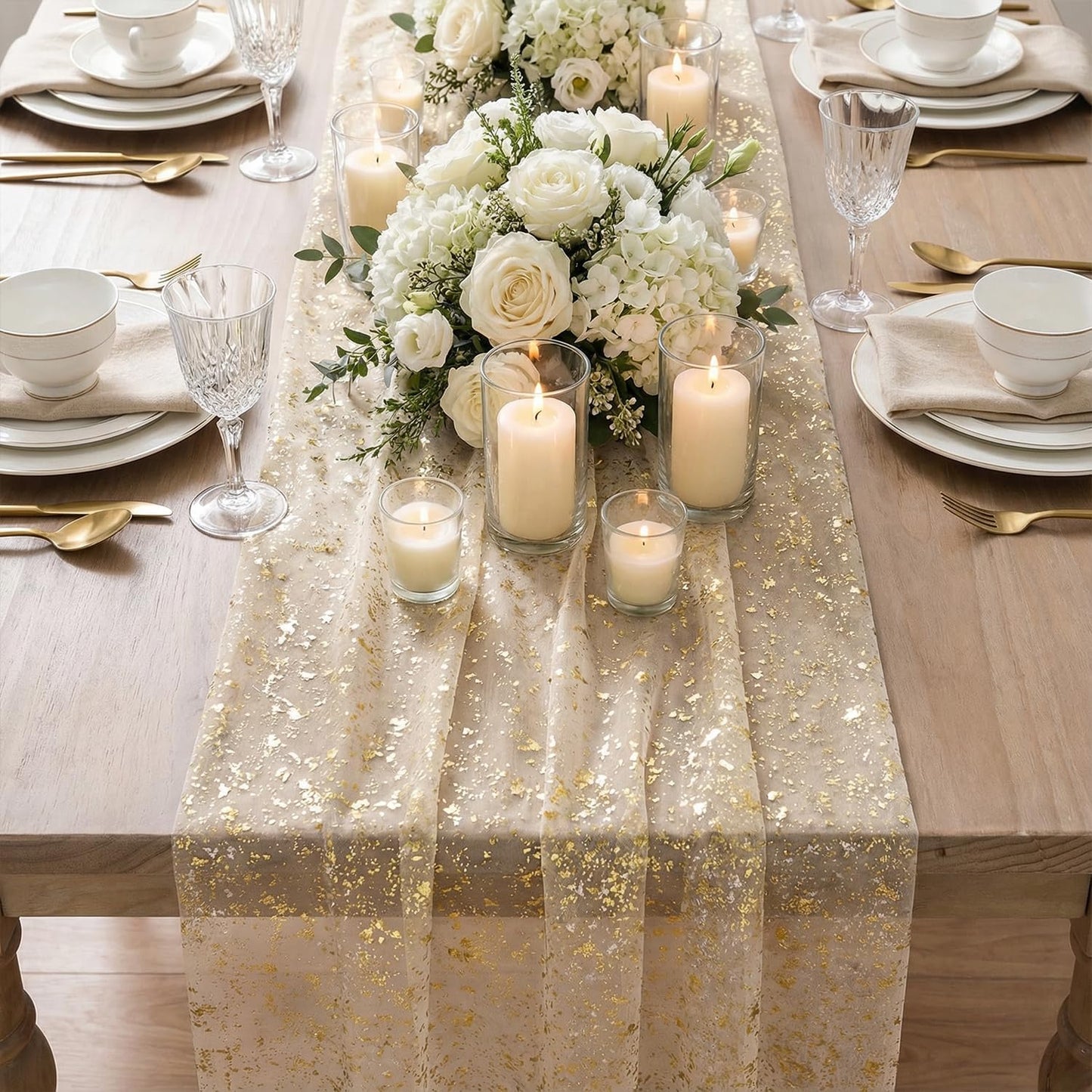 Artoid Mode Beige Gold Gauze Table Runner 120 Inch 10FT, Glitter Metallic Foil Sheer Dining Wedding Anniversary Holiday Birthday Table Decor for Home Party