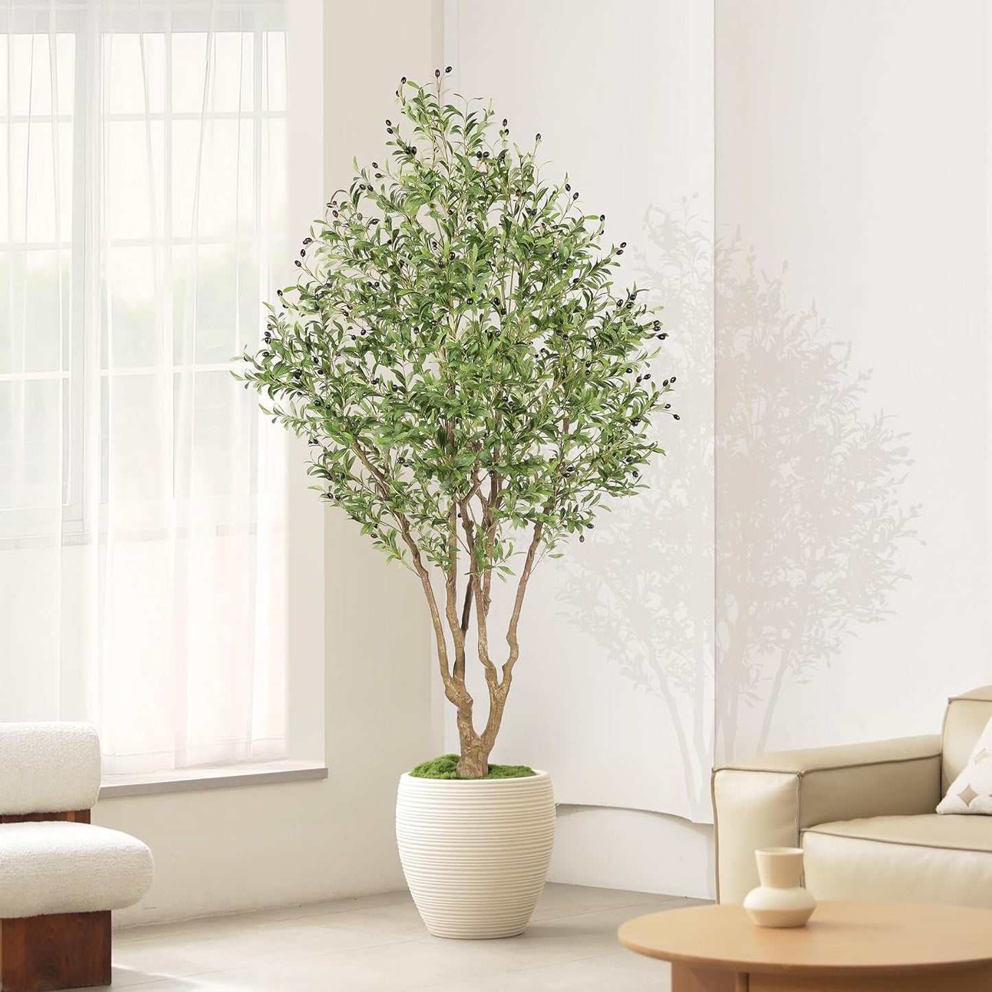 LYERSE Faux Olive Tree 7ft - Artificial Olive Tree Indoor with Large Branches and Realistic Fruits - Fake Olive Tree with Sturdy Base for Modern Home Office House Decor