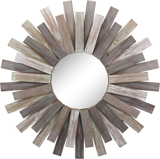 Stonebriar Large Round 32" Wooden Sunburst Wall Mirror with Attached Hanging Bracket, Decorative Rustic Decor for the Living Room, Bathroom, Bedroom, and Entryway, Multi Color