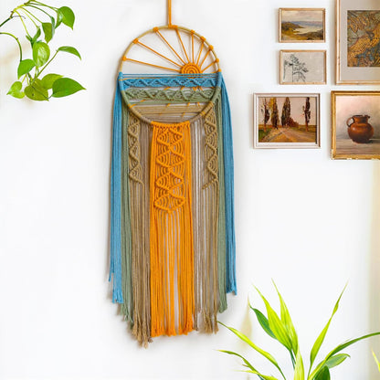 LB Boho Macrame Wall Hanging - Green and Beige Handmade Cotton Woven Decor, Modern Geometric Bohemian Tapestry Wall Decor for Bedroom Living Room Home (31.5"x9.84") Nature-Inspired Room Decor