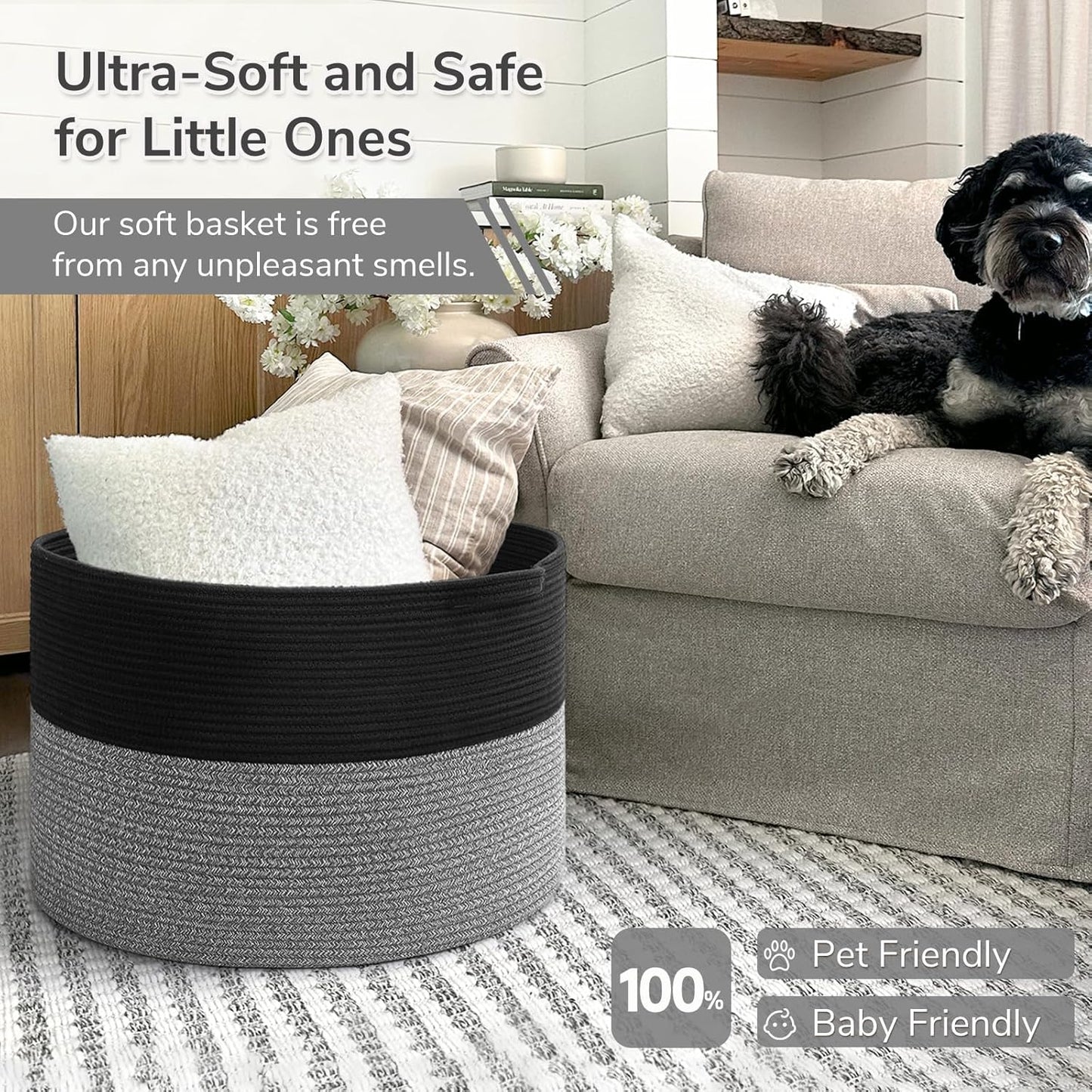 INDRESSME XXXLarge Blanket Basket for Living Room 21.7" x 21.7" x 13.8"-Storage Basket with Handle for Organizing Toy Pillows Woven Cotton Rope Laundry Basket Stuffed Animal Toy Storage for Play Room