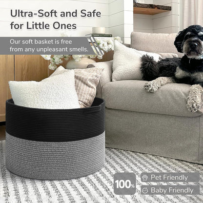 INDRESSME XXXLarge Blanket Basket for Living Room 21.7" x 21.7" x 13.8"-Storage Basket with Handle for Organizing Toy Pillows Woven Cotton Rope Laundry Basket Stuffed Animal Toy Storage for Play Room