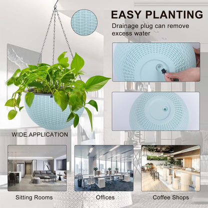 Vencer 11 Inch Round Resin Rattan Hanging Planters,Self Watering Hanging Basket for Indoor Outdoor Plants,Hanging Flower Pots with Drain Hole and Metal Chain,Water Indicator,Coffee,VF-A15-C